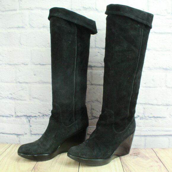 *Unknown Black Suede Wedge Over The Knee Pull On Western Boots Size 9 M - Picture 2 of 9